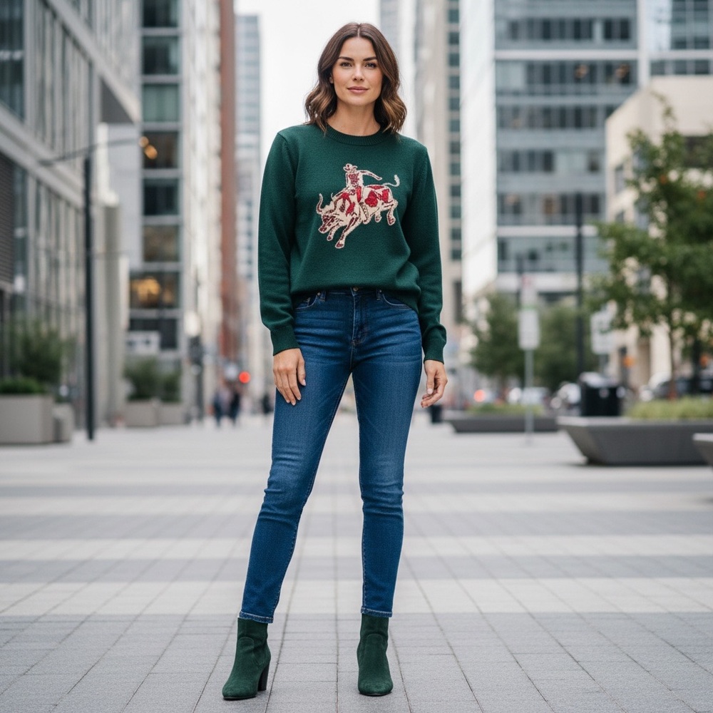 NEW Blue b Forest Green Embroidered Rodeo Horse Bucking Western Comfy Sweater S - Picture 2 of 6